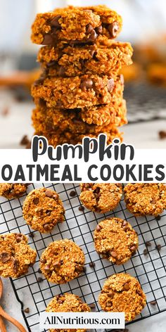 pumpkin oatmeal cookies stacked on top of each other with text overlay