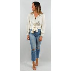 $46 TIE-FRONT BUTTON DOWN TOP SATIN CREAM BLOUSE. The most amazing top to add a bit of glam to any outfit. Looks great dressed up with pants or skirts. Pair with distressed boyfriend jeans for the ultimate cool girl look. Top Satin, Outfit Looks, Cream Blouse, Distressed Boyfriend Jeans, Tie Front Blouse, Faux Leather Leggings, Going Out Dresses, Leather Leggings