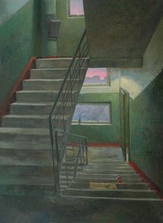 a painting of stairs leading up to a window