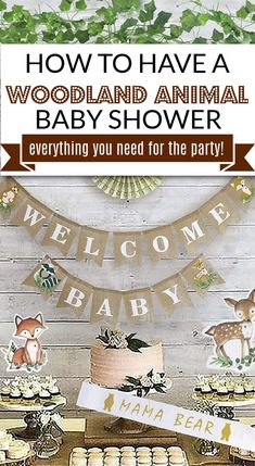 woodland animal banner with welcome baby Woodland Animals Shower Theme, Baby Shower Favors Woodland Theme, Baby Forest Animal Baby Shower Theme, Boy Baby Shower Ideas Forrest, Baby Shower Games Woodland Theme, Baby Woodland Baby Shower Theme, Baby Animal Shower Theme, Baby Animal Theme Baby Shower Ideas, Cricut Baby Shower Favors