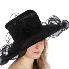 Large Swirly Dress Hat Large Fancy Dress Hat Brim: 5.5 Inches, Crown Height: 4 Inches, Crown Diameter: 7 Inches 100% Polyester 2.8oz Black Wide Brim Fascinator For Summer, Black Fitted Chic Fascinator, Fitted Black Chic Fascinator, Chic Black Fitted Fascinator, Black Summer Fascinator, Fitted Black Fascinator For Summer, Black Summer Church Hat, Fitted Evening Hats For Spring, Chic Fitted Black Hat