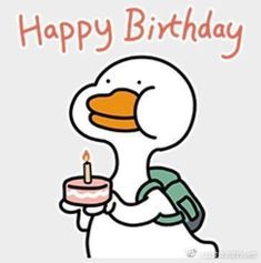 a duck holding a birthday cake with the words happy birthday