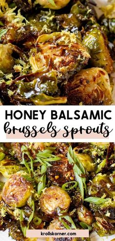 a plate full of roasted brussel sprouts with honey balsamic