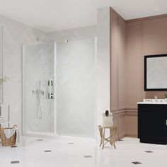 a bathroom with a sink, mirror and shower stall in the middle of the room