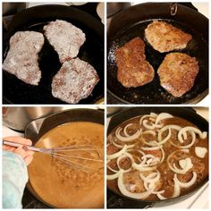 four pictures show the process of cooking meat and onions in a skillet, then frying