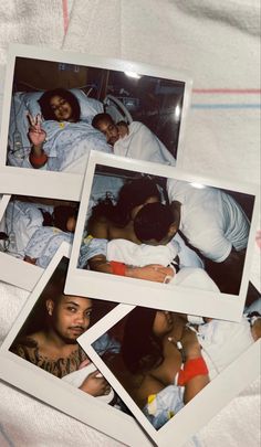 four polaroid photos of people in bed with one holding the other up to his face