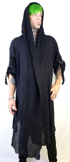 Oversized black duster with adjustable sleeves and a hood. One Size. Black Oversized Long Outerwear, Oversized Long Black Outerwear, Black Long Oversized Outerwear, Black Lagenlook Long Outerwear, Black Long Lagenlook Outerwear, Oversized Hooded Summer Outerwear, Black Oversized Summer Outerwear, Apocalyptic Clothing, Black Duster