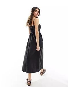 ASOS DESIGN soft denim cami midi dress with ruching detail in black | ASOS Casual Ruched Midi Dress For Date Night, Casual Midi Dress With Knotted Straps, Casual Midi Dress With Spaghetti Straps And Knotted Details, Casual Midi Dress With Knotted Spaghetti Straps, Dress With Ruching, Cami Midi Dress, Black Shop, Asos, Free Delivery