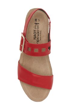 A supple leather upper with metallic accents and a polished buckle offers eye-catching appeal to this open-toe sandal with a low wedge for added comfort. 1 3/4" heel (size 39) Cushioned cork-and-latex footbed with arch support Leather upper and lining/synthetic sole Imported Red Slingback Sandals With Buckle Closure, Red Slingback Sandals With Buckle Closure And Round Toe, Low Heel Leather Wedge Sandals With Buckle, Leather Low Heel Wedge Sandals With Buckle Closure, Red Open Toe Wedge Sandals With Buckle, Red Open Toe Wedge Sandals With Buckle Closure, Red Leather Wedge Sandals With Cushioned Footbed, Red Leather Slingback Sandals With Buckle Closure, Red Sandals With Leather Footbed And Single Toe Strap