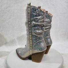 River 35 By Forever Link Champagne Rhinestones 3 Inch Heeled Women's Boots Western Party Boots With Rhinestone Rivets, Western High Heel Rhinestone Boots, Western High Heel Boots With Rhinestones, Western Party Boots With Rhinestones, Western Style Party Boots With Rhinestones, Western Rhinestone Party Boots, Glamorous Boots With Rhinestone Fringe And Round Toe, Forever Link Shoes, Rhinestone Boots