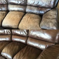 a brown leather reclining couch sitting on top of a wooden floor