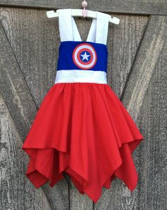 Custom Boutique Captain America Handkerchief Girls Birthday Dress Or Halloween Costume. Villain Fashion, Girl Captain, Bug Clothing, America Dress, America Girl, Superhero Villains, Handkerchief Dress, Birthday Girl Dress, Birthday Party Dress