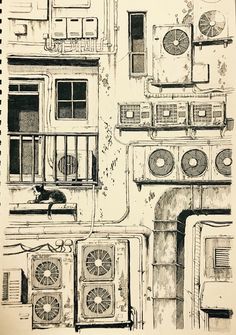 a drawing of an old building with air conditioners on the side and a cat sitting in the window