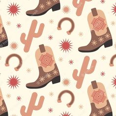 a pattern with cowboy boots and stars on white background, suitable for wallpaper or fabric