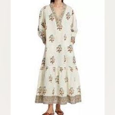 Kiya Linen Maxi Dress V-Neck Long Sleeves 100% Linen Hand Wash Imported Cream Floral Print V-neck Midi Dress, Cream V-neck Maxi Dress For Daywear, Off White V-neck Maxi Dress For Spring, Linen Maxi Dress, Cream Color, Size 2, Hand Wash, Long Sleeves, Maxi Dress