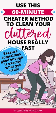 a woman cleaning the floor with a mop in her hand and text reading use this go - minute cleaner method to clean your cluttered house really fast