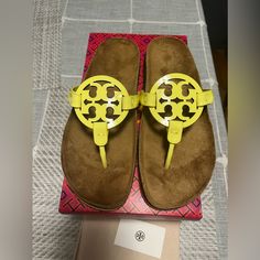 Leather Upper Leather Lining Runner Outsole Color: Blazing Yellow Yellow Flip Flops, Tory Burch Miller, Tory Burch Shoes, Thong Sandals, Flip Flop, Women's Shoes Sandals, Tory Burch, Flip Flops, Leather Upper