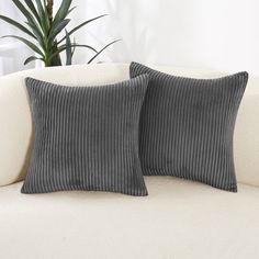 two pillows sitting on top of a couch next to a potted plant