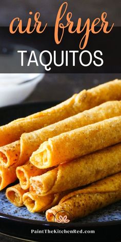 Text of air fryer taquitos with golden rolled tortillas with filling stacked on a blue speckled plate. Crispitos In Air Fryer, Air Fryer Taquitos Chicken, Air Fryer Frozen Taquitos, Frozen Taquitos, Last Minute Appetizer, Costco Chicken, Frozen Rolls