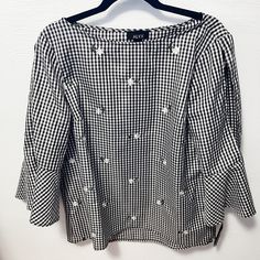 Super Cute Spring Top! Chic Gingham Long Sleeve Tops, Chic Gingham Blouse For Fall, Chic Gingham Blouse For Work, Gingham Blouse, Grey Poncho, Royal Blue Blouse, Lace Trim Blouse, Draped Blouse, Scoop Neck Blouses