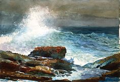 a painting of waves crashing on rocks in the ocean