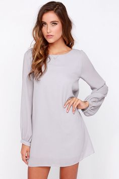 Status Update Light Grey Shift Dressat Lulus.com! Solid Color Long Sleeve Mini Dress For Day Out, Gray Long Sleeve Mini Dress For Fall, Long Sleeve Solid Mini Dress For Day Out, Long Sleeve Shift Mini Dress In Solid Color, Chic Long Sleeve Shift Midi Dress, Long Sleeve Shift Mini Dress For Brunch, Gray Long Sleeve Mini Dress For Spring, Gray Solid Color Mini Length Dresses, Chic Shift Mini Dress With Long Sleeves