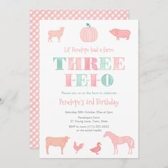 a pink and green birthday party with farm animals, pumpkins, and sheep on it