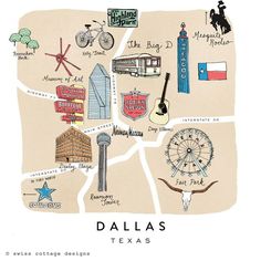 an illustrated map of the city of dallas, texas