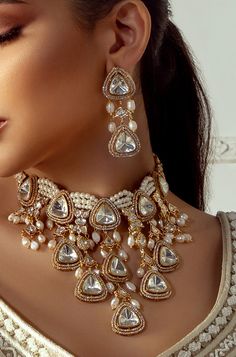 Polki & Pearl Drops Bridal Necklace Set I Joules by Radhika – B Anu Designs Gold And Polki Necklace, Jadau Jewellery Set, Jewelry Accessories Indian, Polki Bridal Set, Polki Sets Design Jewellery, Real Polki Jewellery, White Gold Charm Necklace, Pearl Indian Jewellery, Bridal Jwellery Design Indian Jewelry