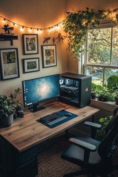 a desk with a computer monitor, keyboard and mouse on it in front of a window