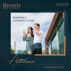 a man and woman standing next to each other in front of a building with the words, beverly inspire a luxurious living