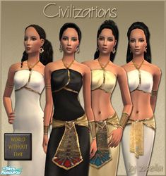 three women wearing different outfits and jewelry in front of a sign that says, civilizations world without more