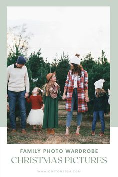 family photo with christmas tree in background and text overlay that says family photo wardrobes