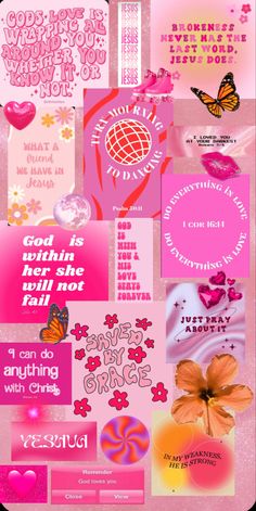 a collage of pink and red images with words on the bottom, one has a butterfly