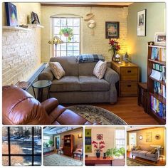 a living room filled with furniture and a fire place next to a window covered in books