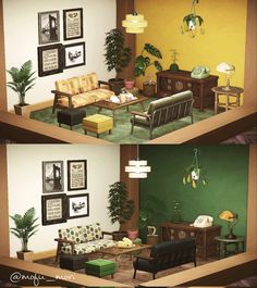 two pictures of a living room with green walls