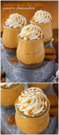 individual no - bake pumpkin cheesecakes in small glass jars