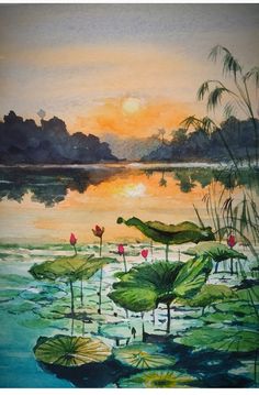 a painting of water lilies and the setting sun