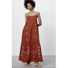 Zara Limited Edition Terracotta Embroidered Maxi Dress Quilting Stars Dress Size Large Material:100% Cotton And 100% Polyester Arm Pit To Arm Pit 20 Inches Across Length 51 Inches Summer Embroidered Cotton Maxi Dress, Embroidered Cotton Maxi Dress For Summer, Casual Embroidered Cotton Maxi Dress, Red Embroidered Summer Maxi Dress, Casual Cotton Embroidered Maxi Dress, Embroidered Midi Length Maxi Dress For Summer, Red Embroidered Maxi Dress For Summer, Summer Embroidered Sundress In Maxi Length, Summer Embroidered Maxi Sundress