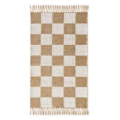 a brown and white checkered rug with fringes