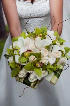 a bride holding a bouquet of flowers in her hands