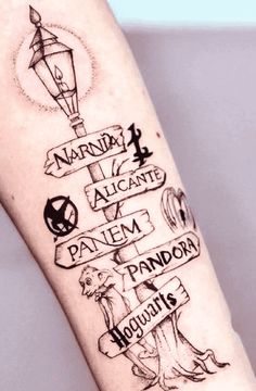 a person with a tattoo on their arm that has many different things written in it