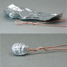 two pictures of some type of metal object with wires attached to it, and one has a piece of tin foil wrapped around it