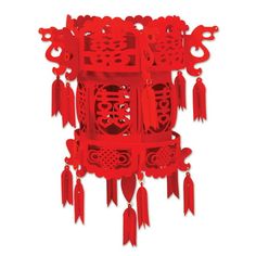 a red wall hanging with chinese style decorations on it's sides and tassels attached to the side