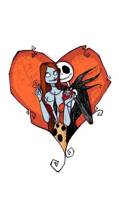 a drawing of a skeleton holding a bird in the shape of a heart with an orange background