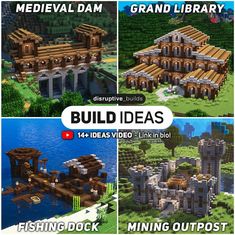 four different types of buildings in minecraft with the words build ideas and fishing dock