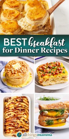 breakfast recipes in a 5-image collage template showing, biscuits and gravy casserole, peanut butter pancakes stacked, a serving of breakfast casserole with bacon, brioche french toast casserole, and egg and cheese sandwich cut in half stacked and sitting on a white round plate Breakfast Night Ideas, Pancake Dinner Ideas, Breakfast For Supper Ideas, Breakfast For Dinner Recipes, Easy Breakfast For Dinner, Breakfast Dinner, Breakfast Ideas For Dinner, Pancake Breakfast, Breakfast For Dinner Ideas