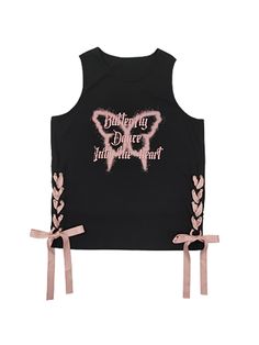 Embrace a blend of elegance and whimsy with this stylish tank top, adorned with intricate butterfly and letter print decorations. The standout feature of this piece is its cross-tie design on both sides, adding a touch of modern flair and sophisticated detailing. Perfect for those who love to mix fashion-forward trends with playful elements, this top is a versatile addition to your wardrobe.  Please note, the price includes only the tank top.   	 		 			Size 			S 			M 		 		 			Bust 			114 			118 Sleeveless Summer Tops With Butterfly Print, Casual Sleeveless Tops With Butterfly Print, Trendy Summer Tops With Butterfly Embroidery, Punk Skirt, Stylish Tank Tops, Box Pleat Skirt, Tie Design, Black High Waist, Black Butterfly