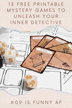 an image of a board game with dices on it and the words 13 free printable mystery games to unleash your inferective