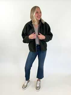 The Creek Fleece Button Front Jacket is so soft and elevated. You can choose between a classic ivory color that goes with everything, or add pop of color to your look with olive. Either way, both colors are so fun for fall! This sherpa fleece jacket has full snap buttons along the front, and two zippered breast pockets. It's an easy layering piece for on the go. Colors: ivory and olive Cozy fleece button front jacket Two zippered front pockets Snap button front Sizes: small, medium, and large Fi Sherpa Fleece Jacket, Sherpa Fleece, Ivory Color, Casual Fits, Layering Pieces, Fleece Jacket, Snap Button, Color Pop, Layering